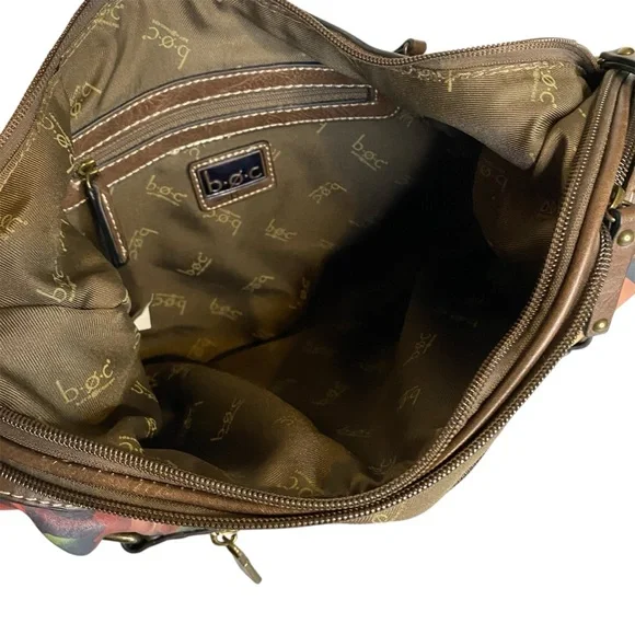 BOC Floral Shoulder Bag Brown Trim Hobo Purse Multi Pocket - Picture 7 of 9